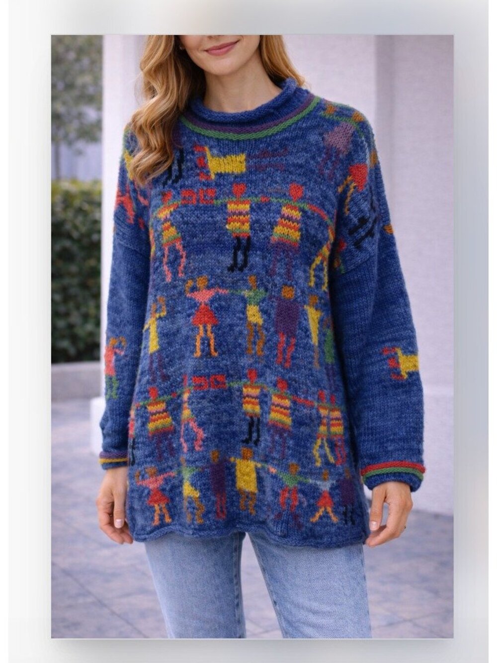 Toshy Colorful People Sweater Womens Large Blue Wool Mock Neck Knit Pullover